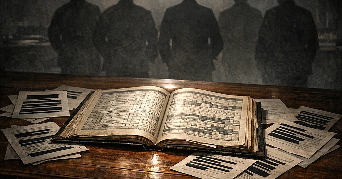 Open classified military orders book on table surrounded by redacted documents with silhouetted figures in background