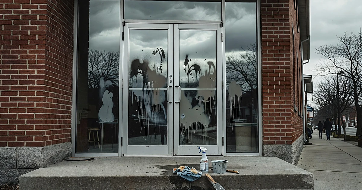 Vandalized glass office doors with spray paint in a brick building entrance with cleaning supplies on steps
