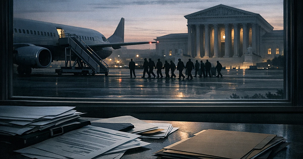 Empty aircraft on tarmac with silhouettes walking away, Supreme Court columns visible through window, scattered documents