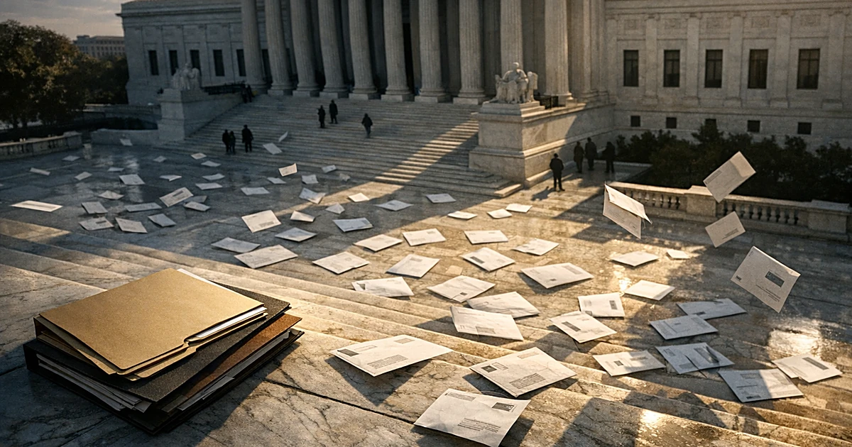 Aerial view of Supreme Court columns with stacked legal folders and scattered mail-in ballot envelopes on marble steps