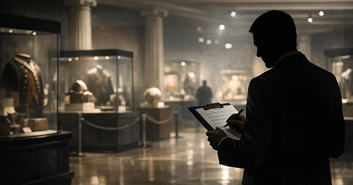 Silhouetted figure with documents stands in shadowy museum gallery with artifact displays and classical architecture