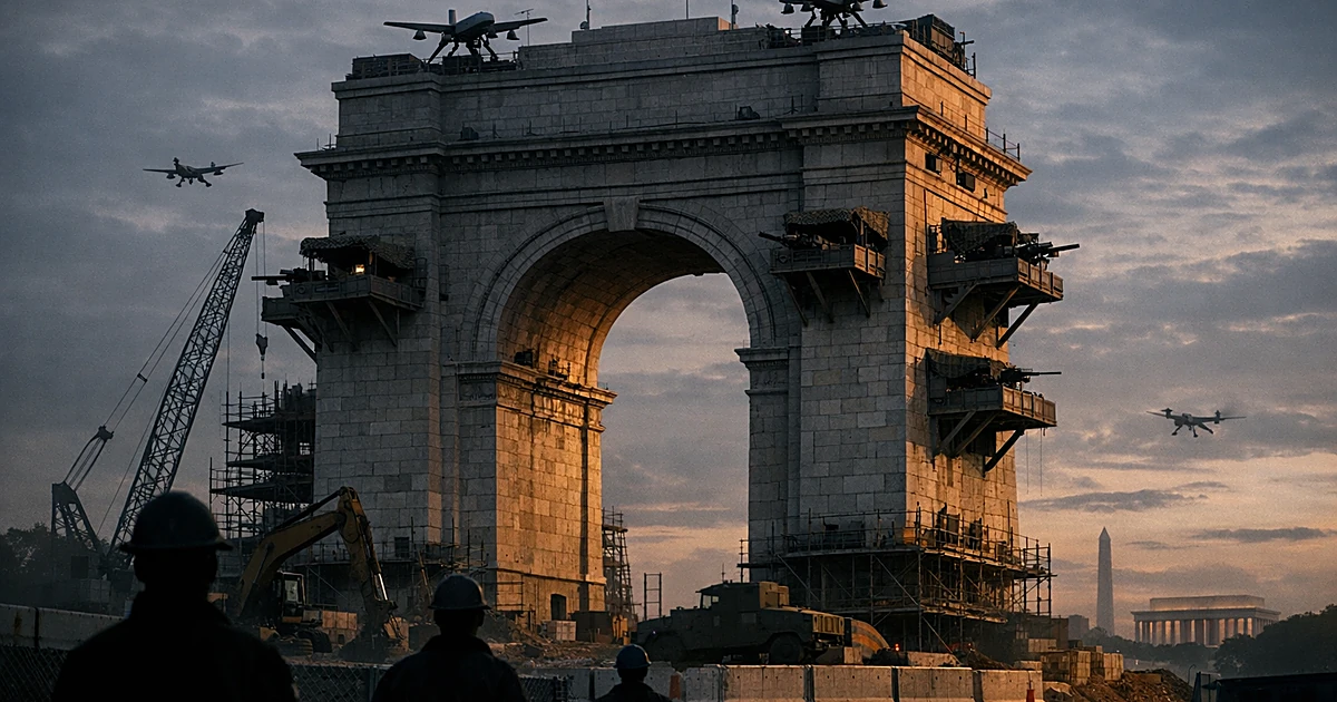 Triumphal arch being converted into military facility with drones and fortified positions under construction