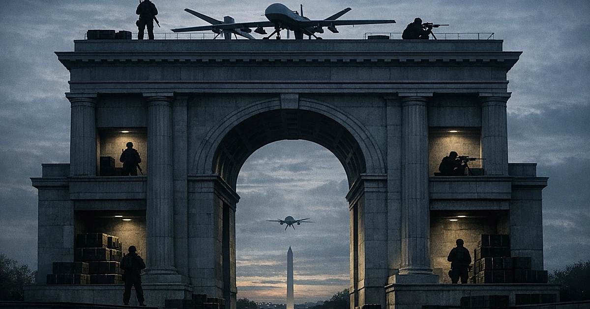 Monumental arch converted to military installation with drones on roof and silhouetted tactical personnel