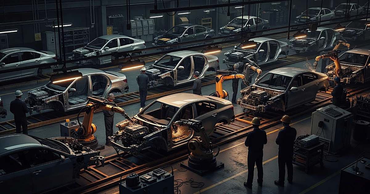 Auto assembly line with gas-powered vehicles in production foreground and idle electric vehicle chassis in background