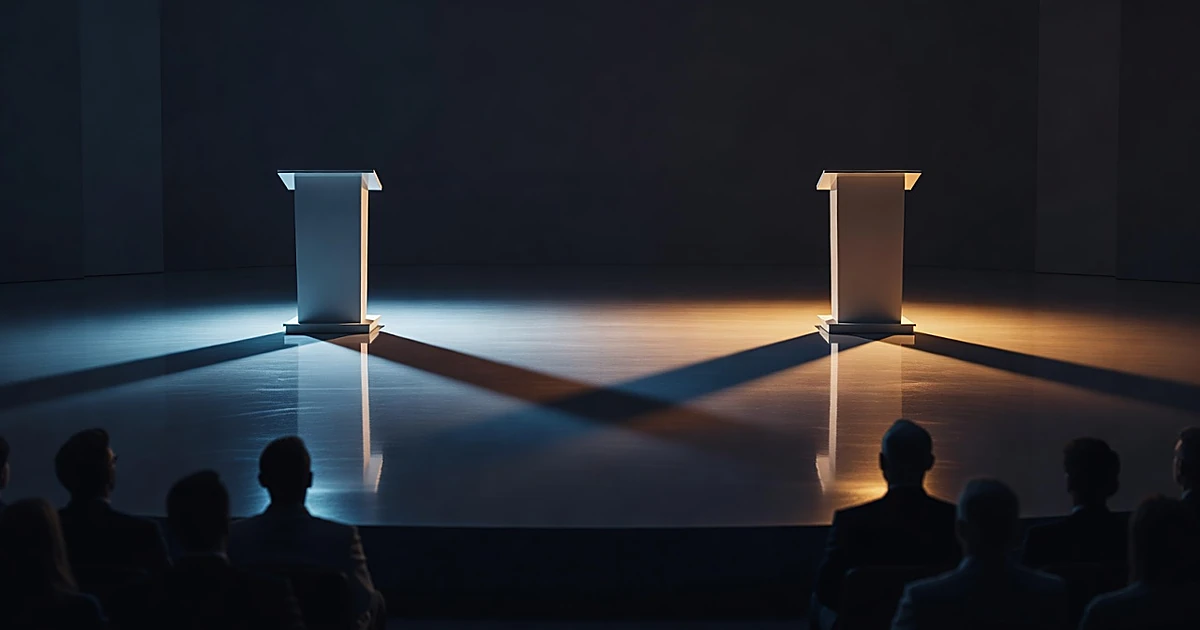 Two empty podiums on opposite sides of stage lit in contrasting blue and amber light with audience silhouettes
