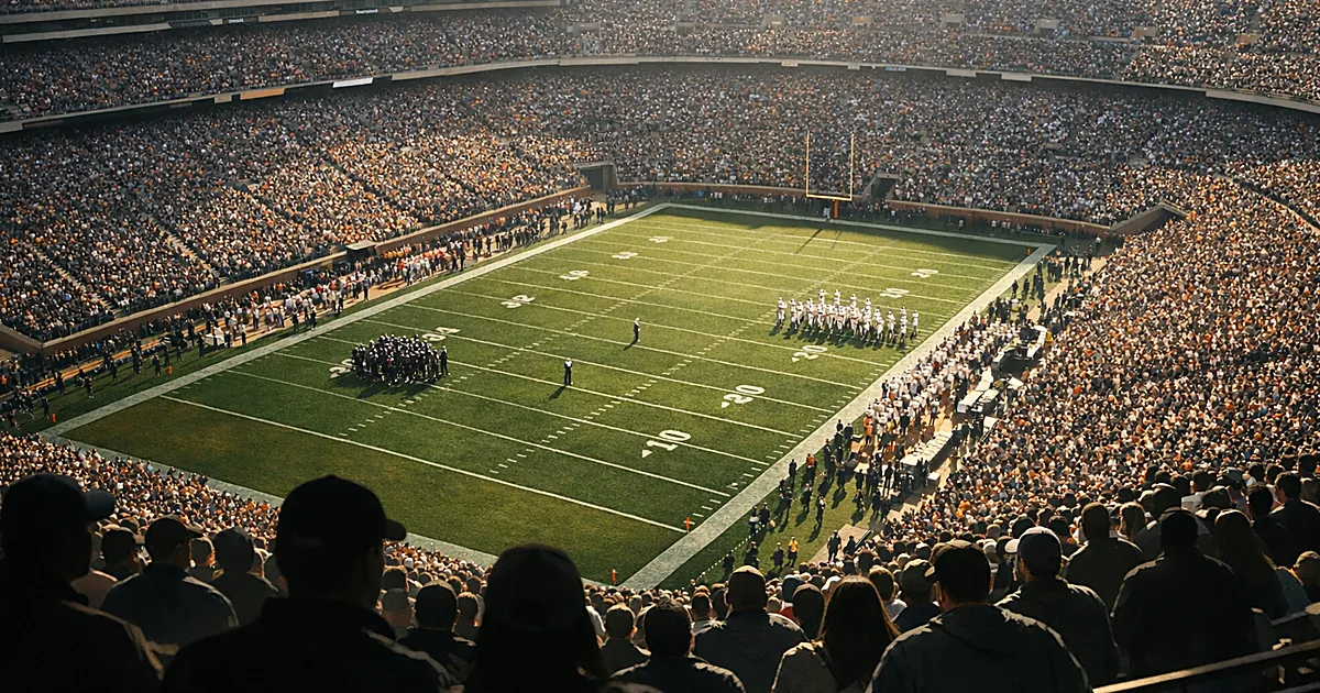 Aerial view of packed football stadium with silhouetted crowd watching teams on field below