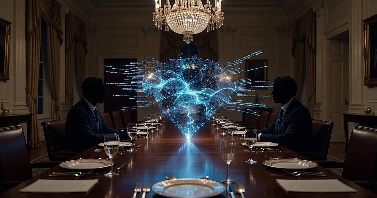 Two silhouetted figures dining at formal table with holographic AI neural network display between them