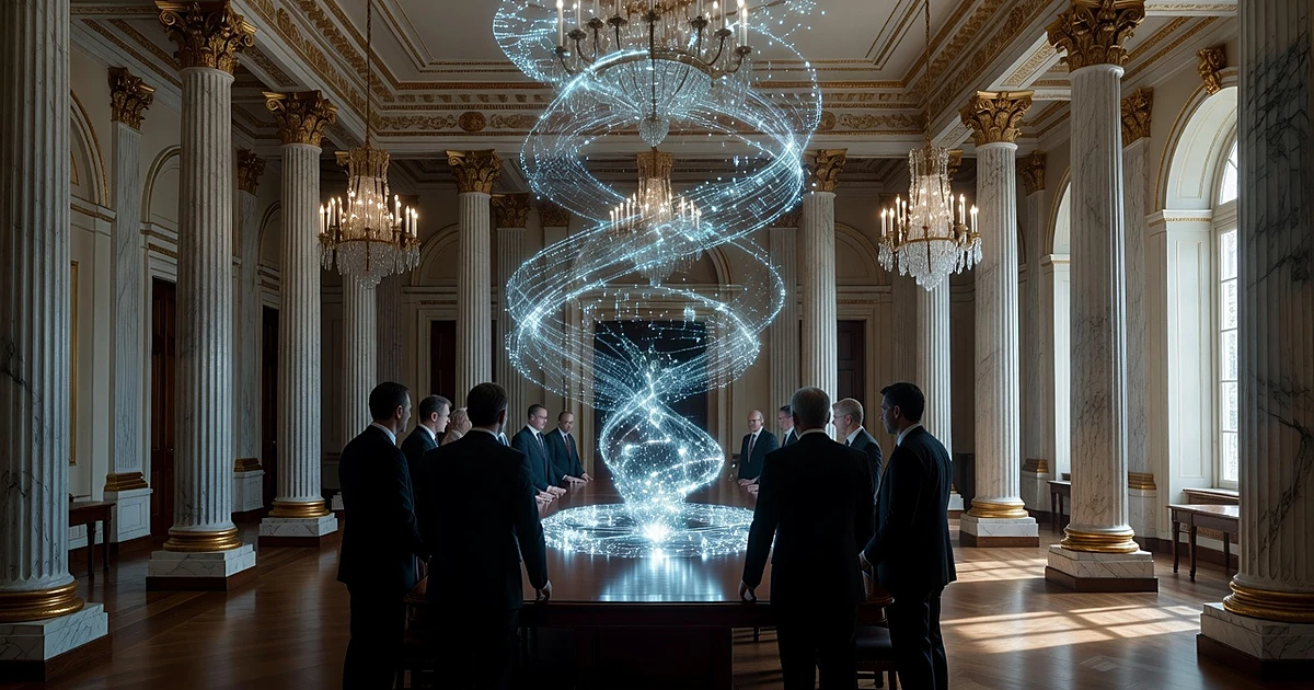 Silhouetted executives around table with glowing holographic neural network display in ornate government room