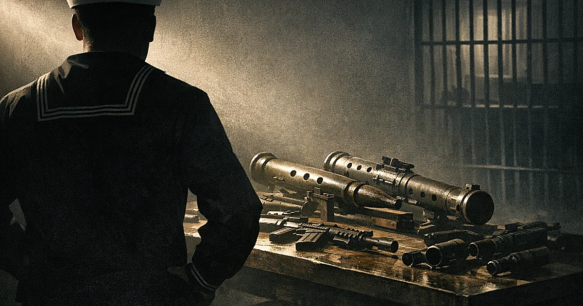 Silhouetted naval officer from behind viewing inert military collectibles on table in dramatic lighting