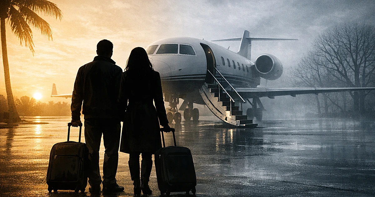 Silhouetted couple with luggage facing private jet on tarmac, lighting transitions from warm to cool atmosphere