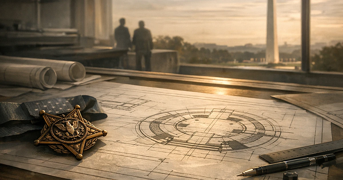 Military medal on architectural blueprints with Washington Monument visible through window in background