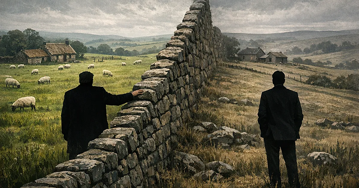 A stone wall dividing identical green landscapes with silhouetted figures on either side reaching toward the barrier