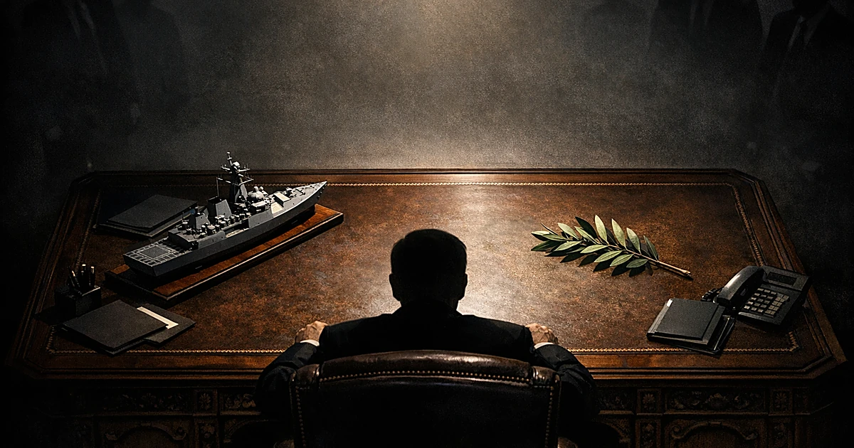 Desk with naval vessel model and olive branch on opposite sides, lit dramatically from above in dark room