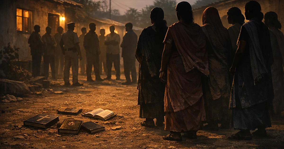 Silhouettes of women and villagers on a rural Indian street with religious books scattered on the ground at dusk