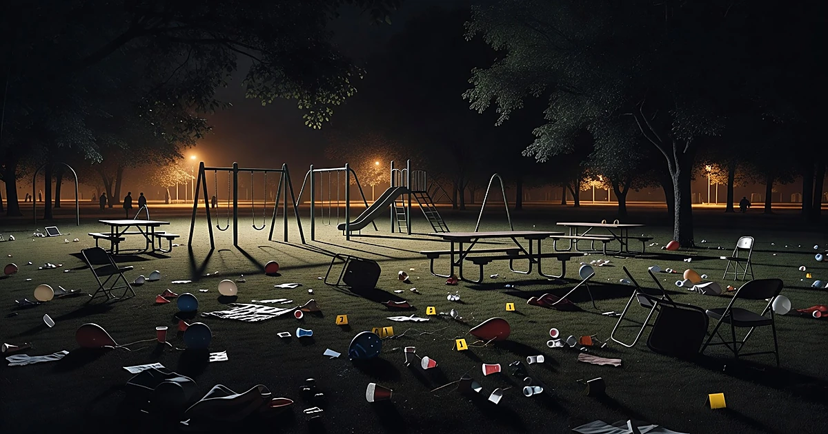 Night park scene with scattered party debris, evidence markers on ground, and empty playground equipment under streetlights