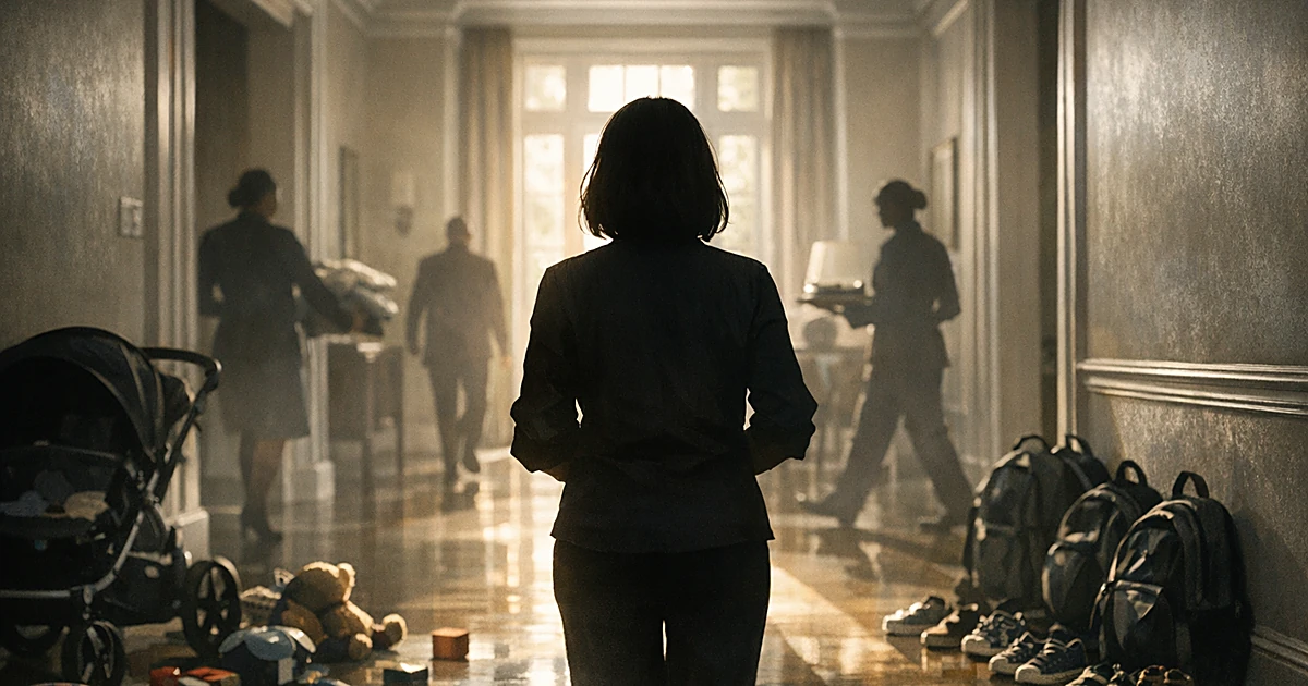 Silhouette of woman in elegant hallway surrounded by children's belongings and staff figures in background