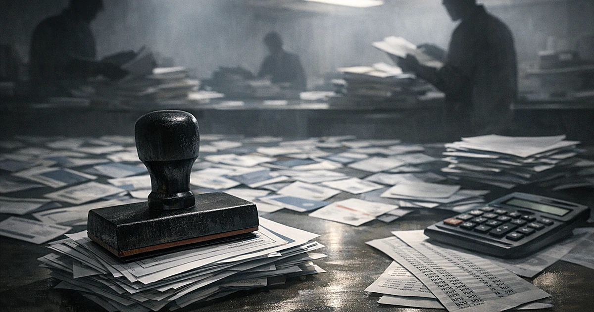 Cancelled stamp pressing on health insurance documents with scattered enrollment cards and silhouetted hands sorting paperwor