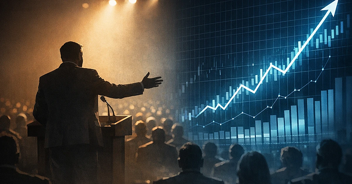 Silhouetted speaker at podium facing audience while digital display shows rising statistical graphs in contrasting light