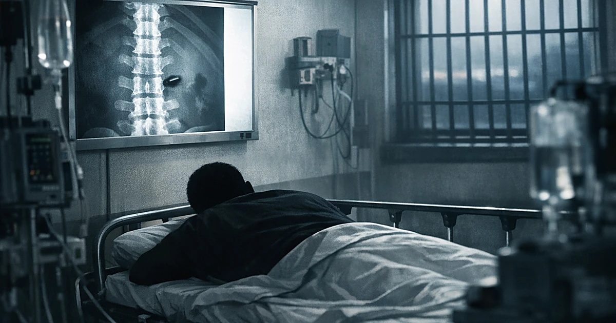 Silhouette of person on hospital gurney in institutional room with X-ray showing bullet near spine on wall