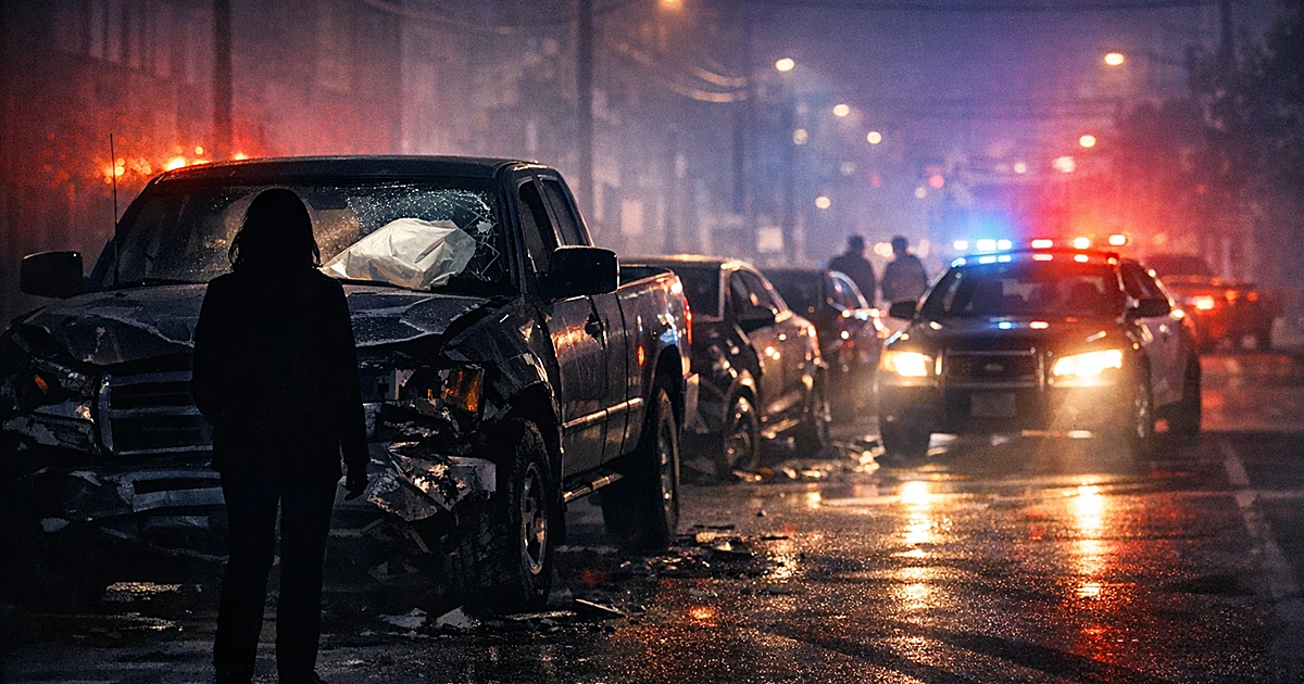 Silhouette of person standing by damaged truck with deployed airbag at night, emergency lights illuminating crash scene