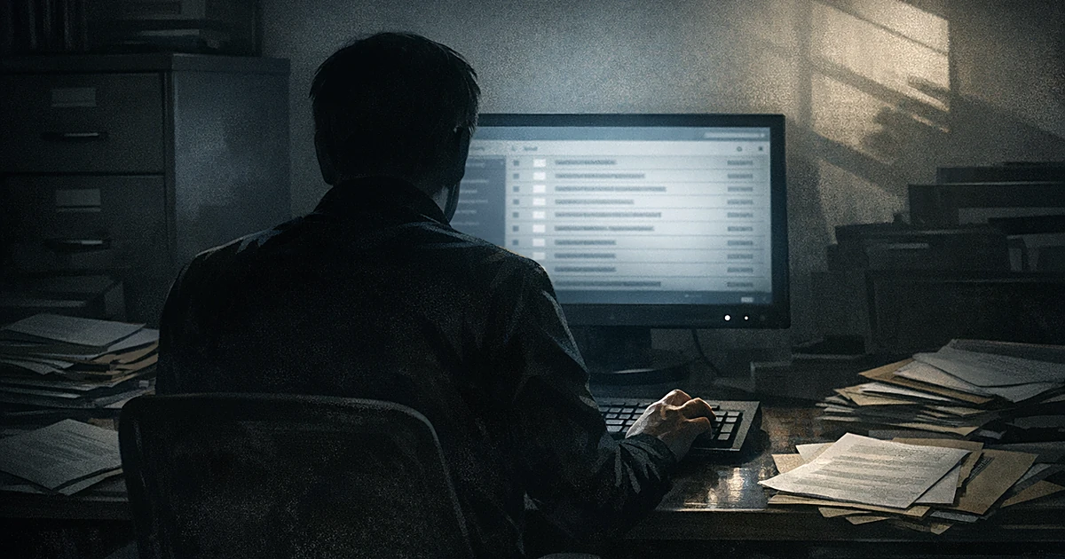 Silhouetted office worker at computer deleting email in darkened office with scattered documents on desk
