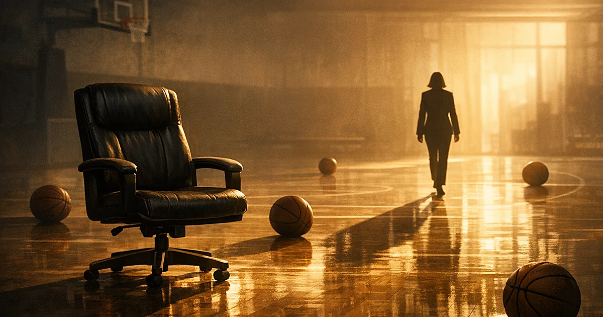 Silhouetted figure walking away from empty chair on basketball court with scattered basketballs