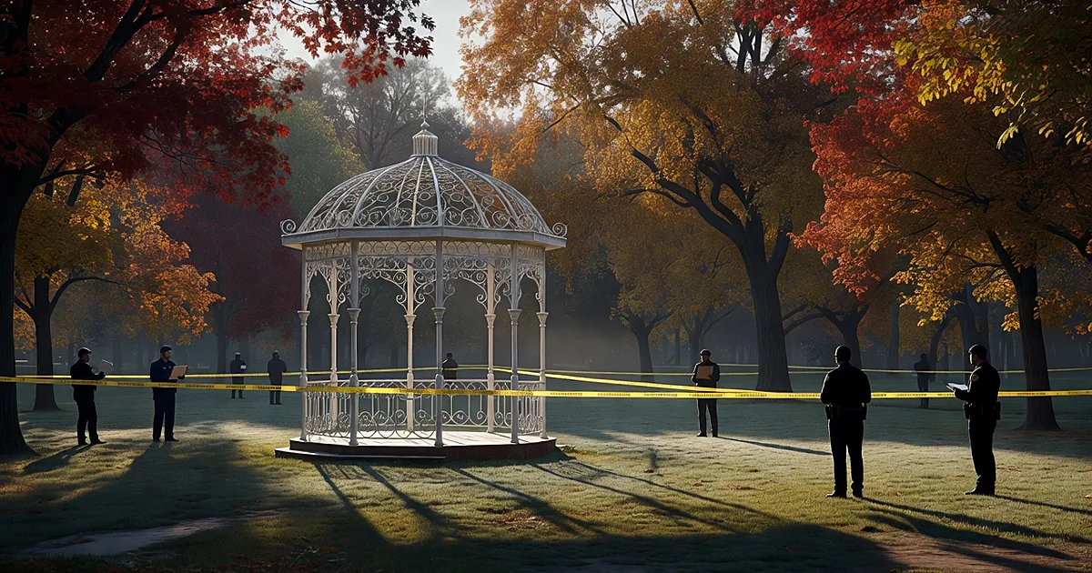 Police tape cordons off a gazebo in a park with silhouetted emergency responders in the background
