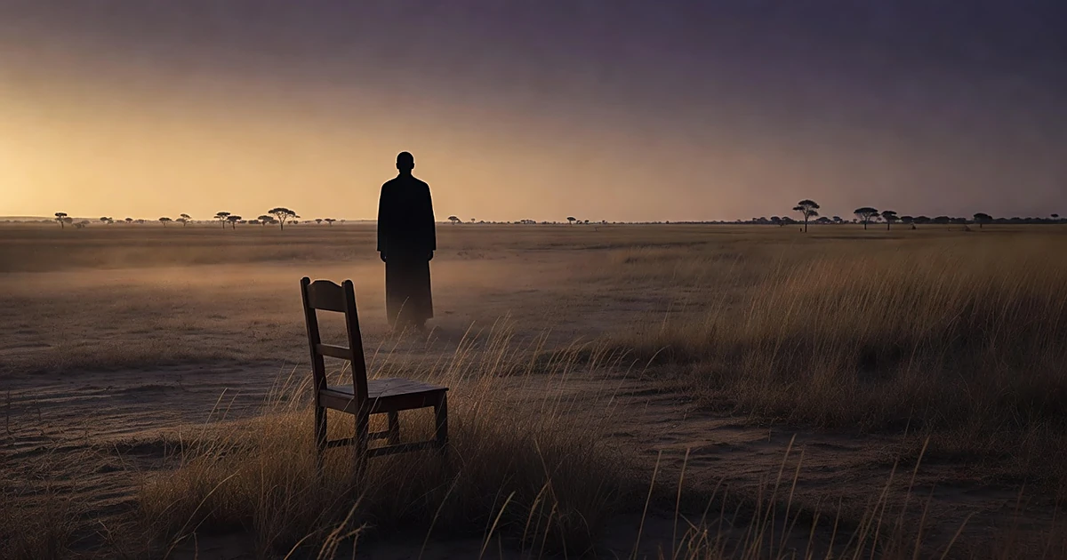 Silhouette of person facing African savanna at dusk with empty chair in foreground amid tall grass