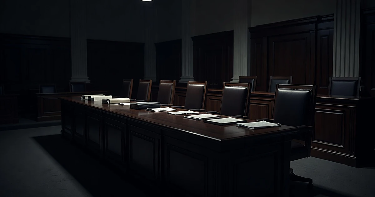 Empty judicial bench in darkened courtroom with vacant chairs and documents, symbolizing judicial recusal