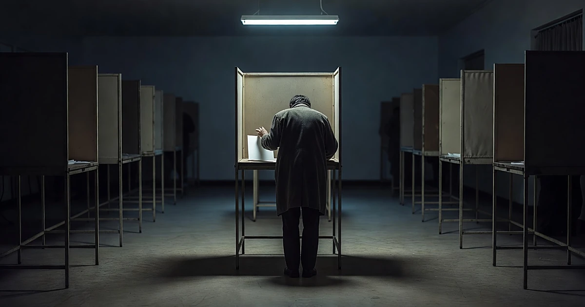 Silhouetted voter at polling booth with hand over ballot, surrounded by empty booths in shadowy room