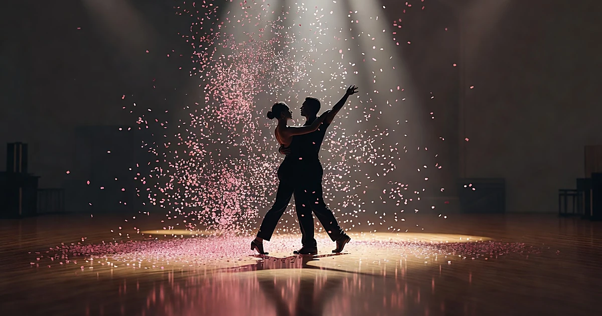 Silhouetted dancers on ballroom floor surrounded by falling pink confetti under stage lights