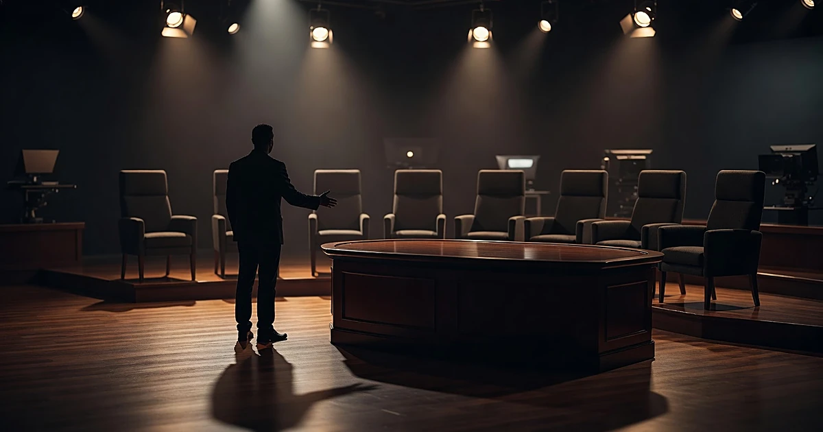 Empty talk show set with silhouetted figure gesturing toward vacant chairs under stage lighting