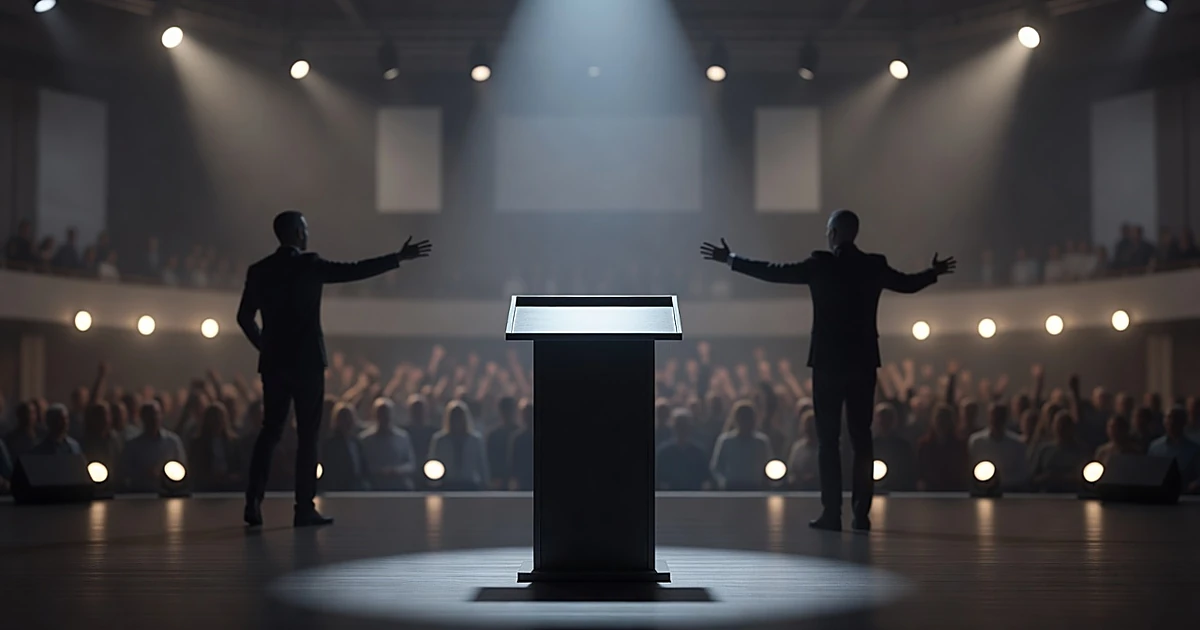 Empty podium in foreground with two silhouetted figures addressing crowd in background under stage lighting