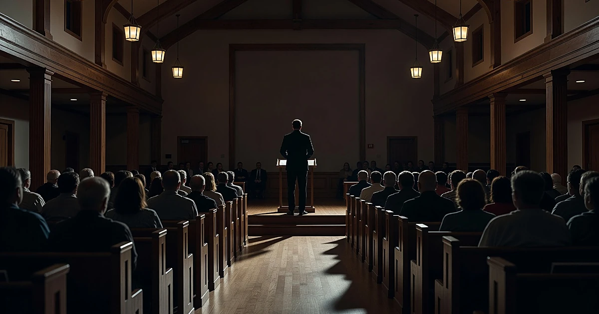 Silhouetted speaker at podium addressing seated audience from behind in worship center with warm stage lighting