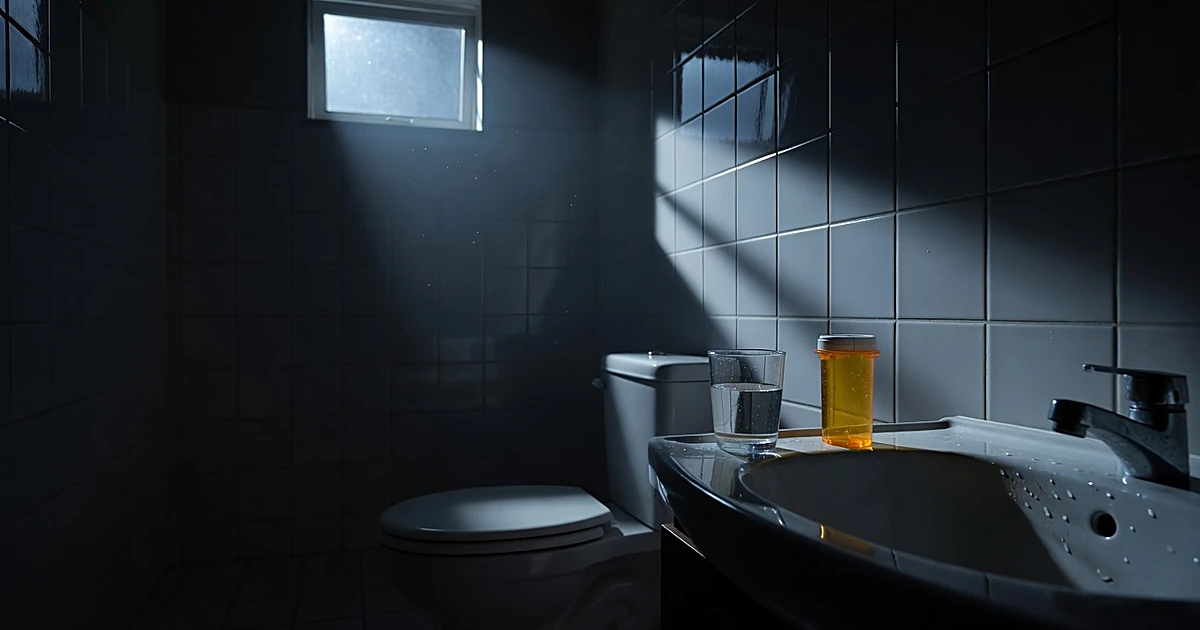 Nighttime bathroom scene with toilet, sink, and medicine bottle on counter in dim blue lighting