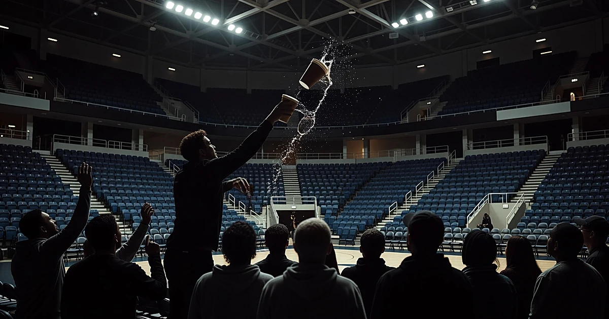 Silhouette throwing drink in basketball arena stands with liquid spraying toward crowd below