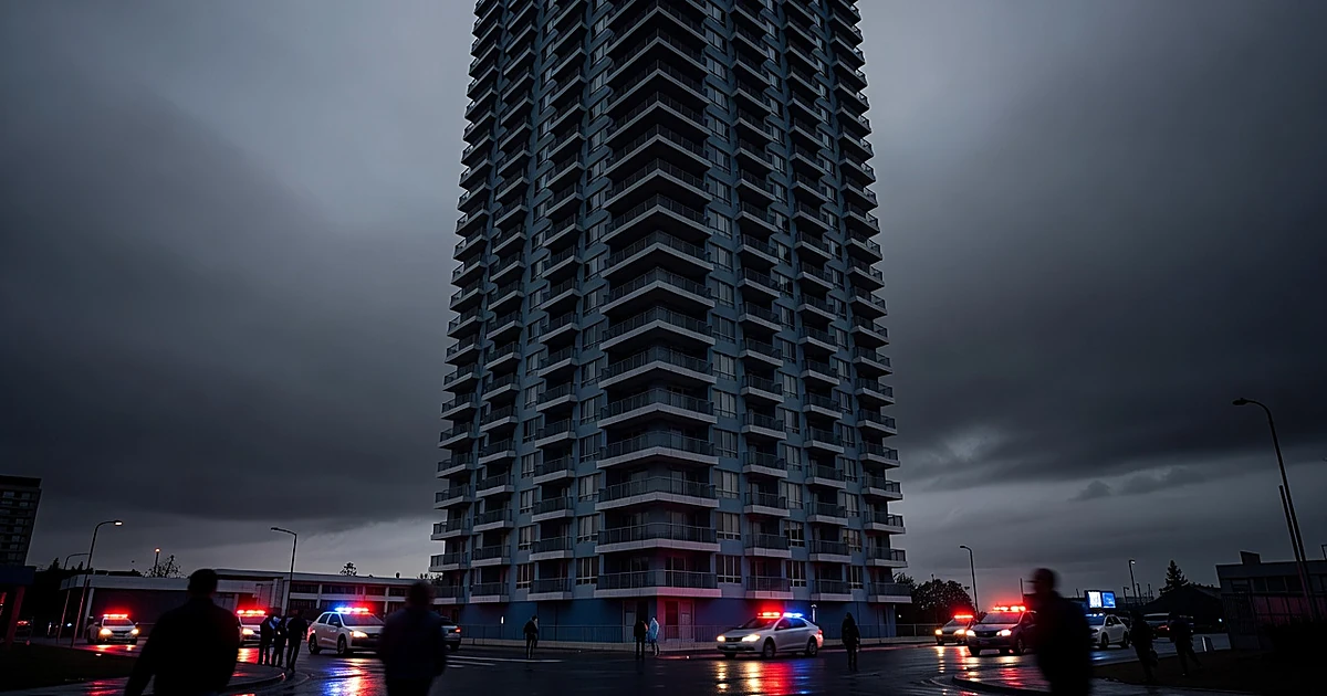 High-rise apartment building viewed from below with emergency lights reflecting on pavement at dawn
