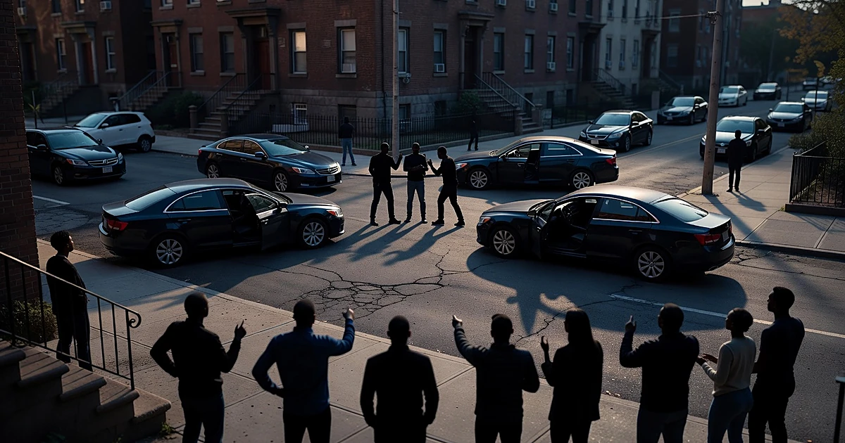 Silhouetted figures observe vehicles stopped at angles on a Bronx residential street at dusk