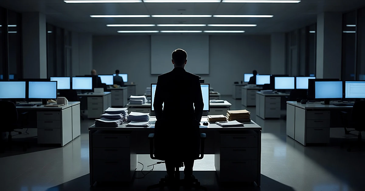 Silhouetted figure standing alone at desk in dimly lit newsroom with glowing blank computer screens