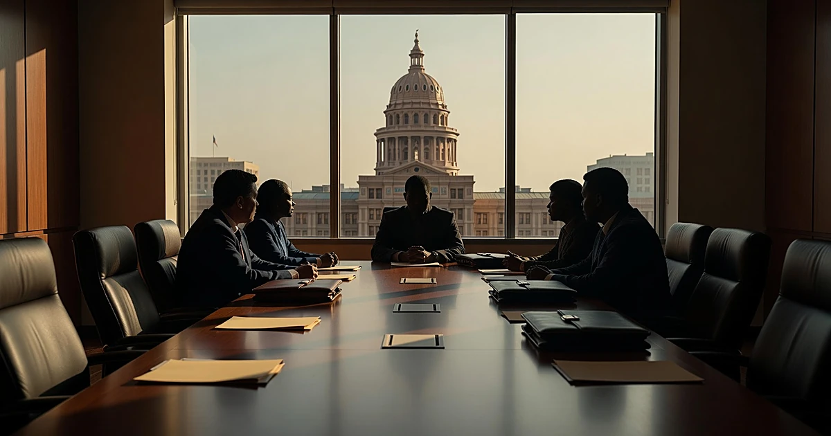 Silhouetted business figures at boardroom table with Texas capitol dome visible through window in background