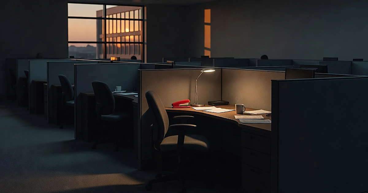 Empty office cubicle with red stapler on desk, illuminated by single lamp in darkened workspace