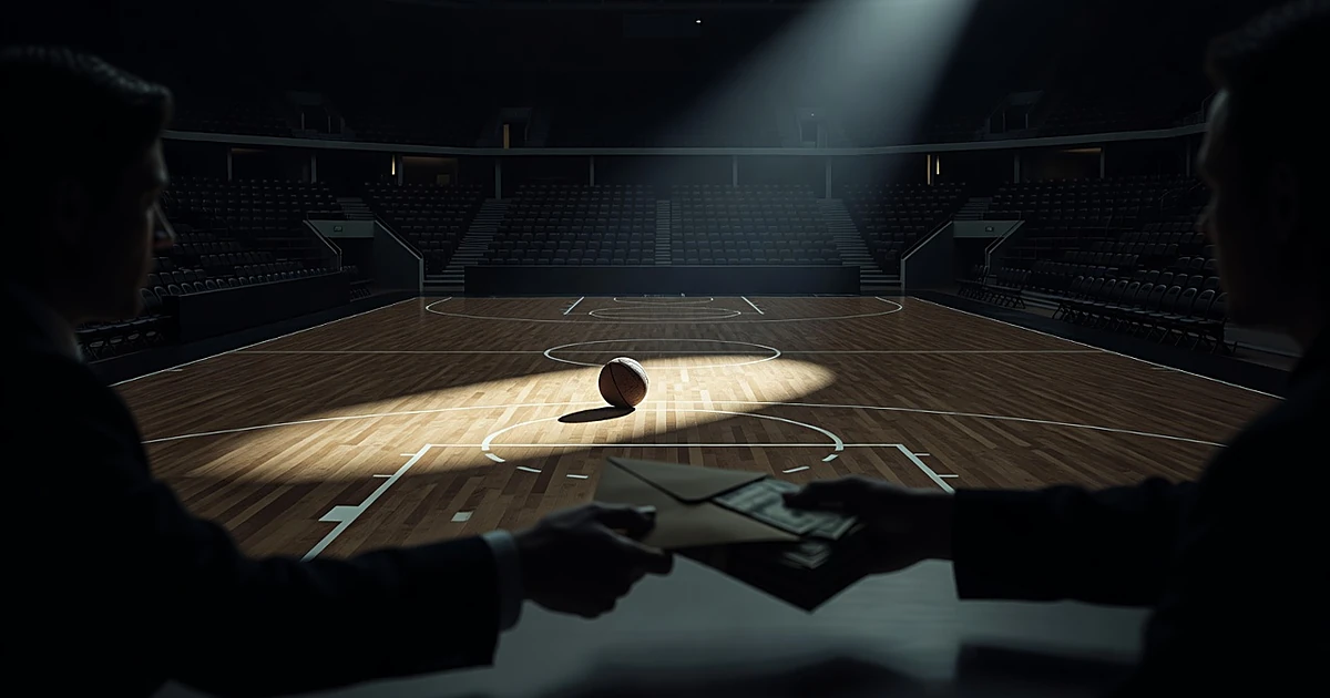 Basketball court with silhouetted figures exchanging money in foreground, empty arena in shadows