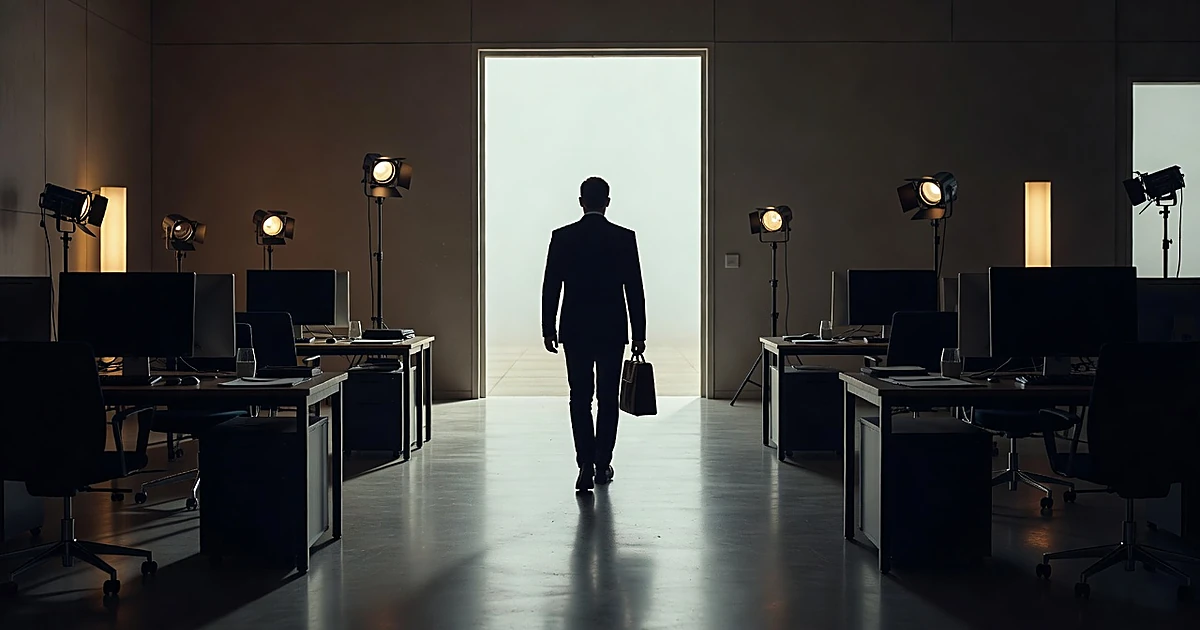 Silhouetted figure leaving broadcast studio through bright doorway, walking away from empty desks and equipment