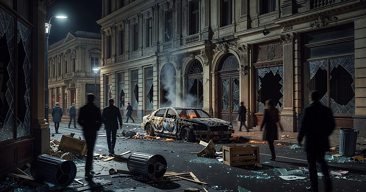 Silhouetted figures on debris-strewn street with broken storefronts and burning car amid smoke at night