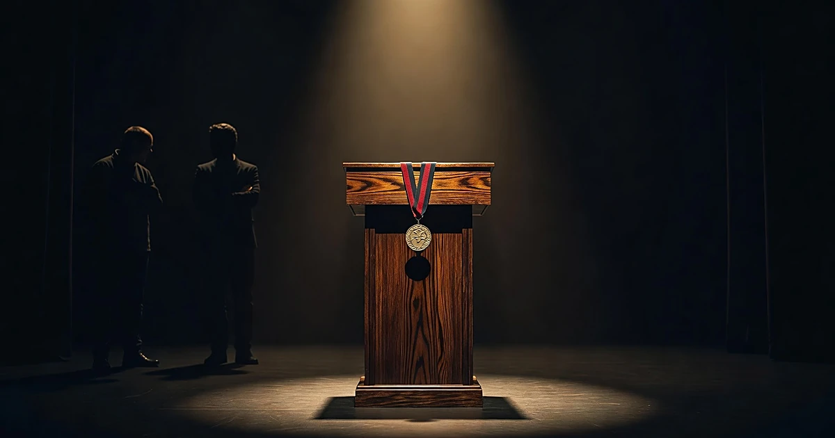 Empty podium with medal on ribbon, two silhouettes conversing in shadows backstage under dramatic stage lighting