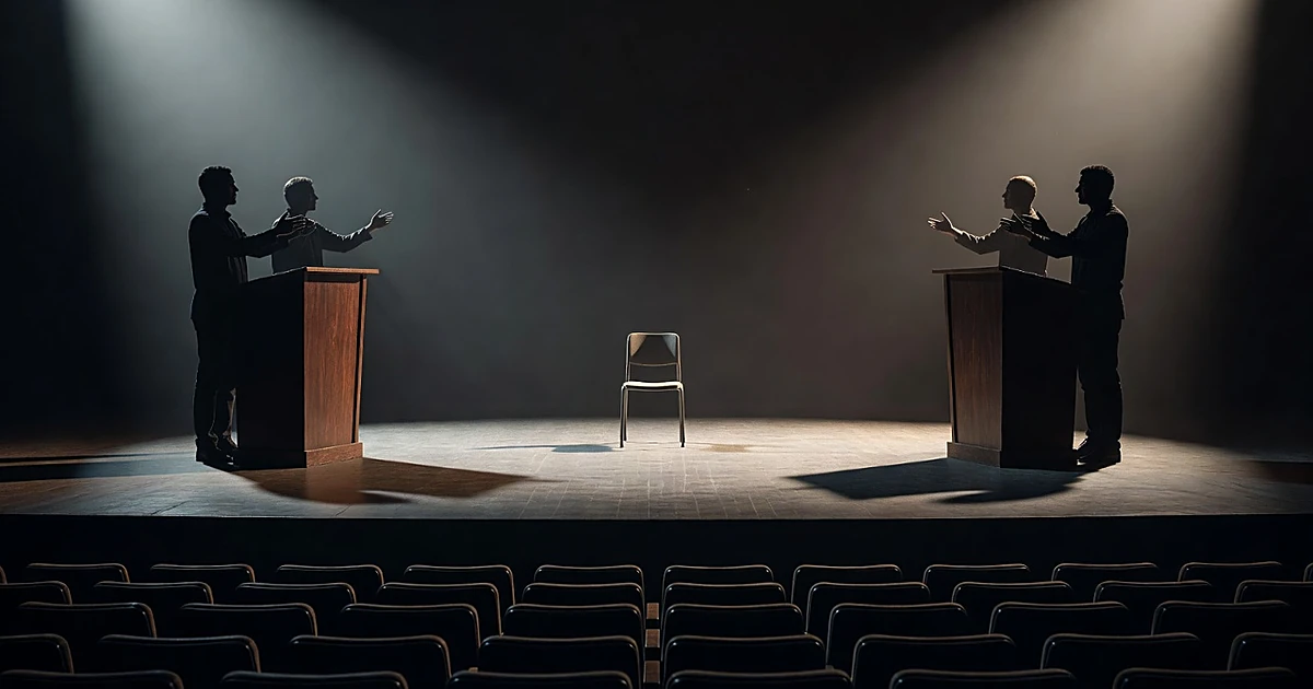 Two podium silhouettes flank an empty illuminated chair in center stage, symbolizing political division and independence