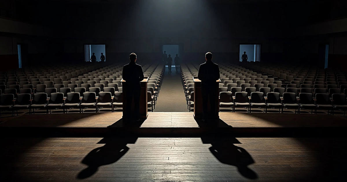 Silhouetted figures at podiums on stage with empty chairs and people exiting in background