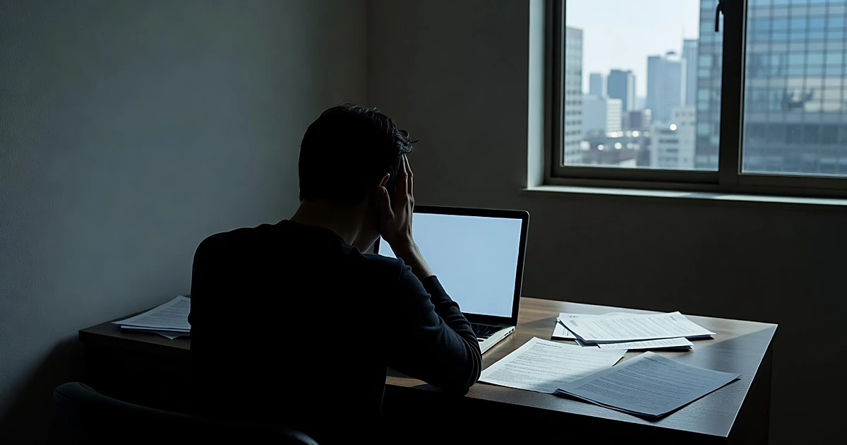 Silhouetted figure at laptop in dark room receiving difficult news, with bright daylight visible through window