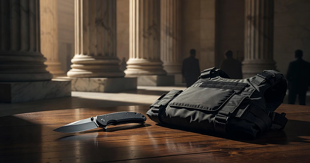 Switchblade knife and body armor vest on table with courthouse columns silhouetted in background