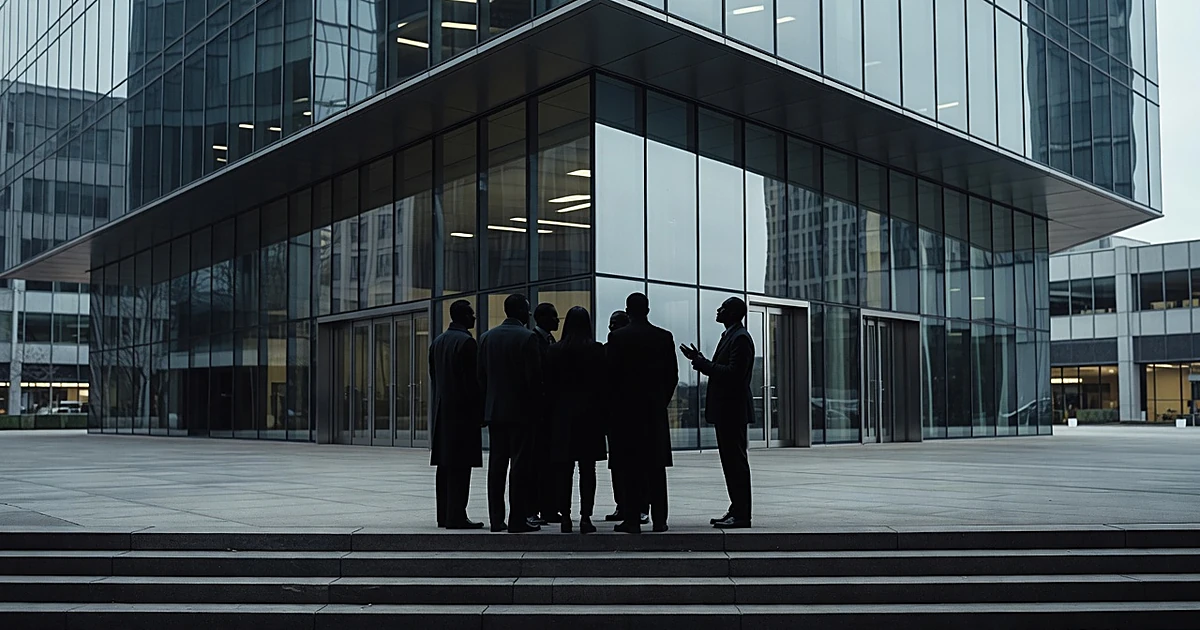 Silhouetted figures gathered on steps of government building in Lower Manhattan, viewed from behind